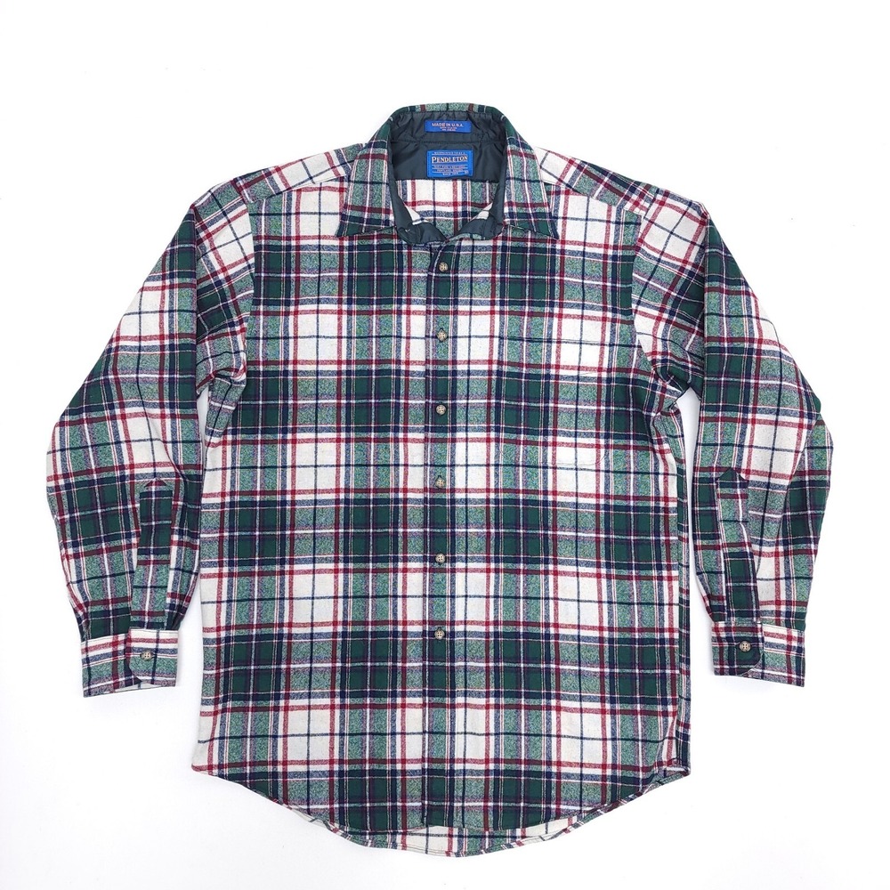 Vintage Pendleton Mens M Wool Plaid Button Down Shirt USA Green Red Pocket